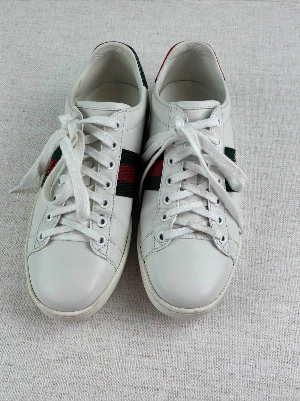 Gucci White Leather Sneakers with Red and Green Stripe and Red Heel - Picture 2 of 16